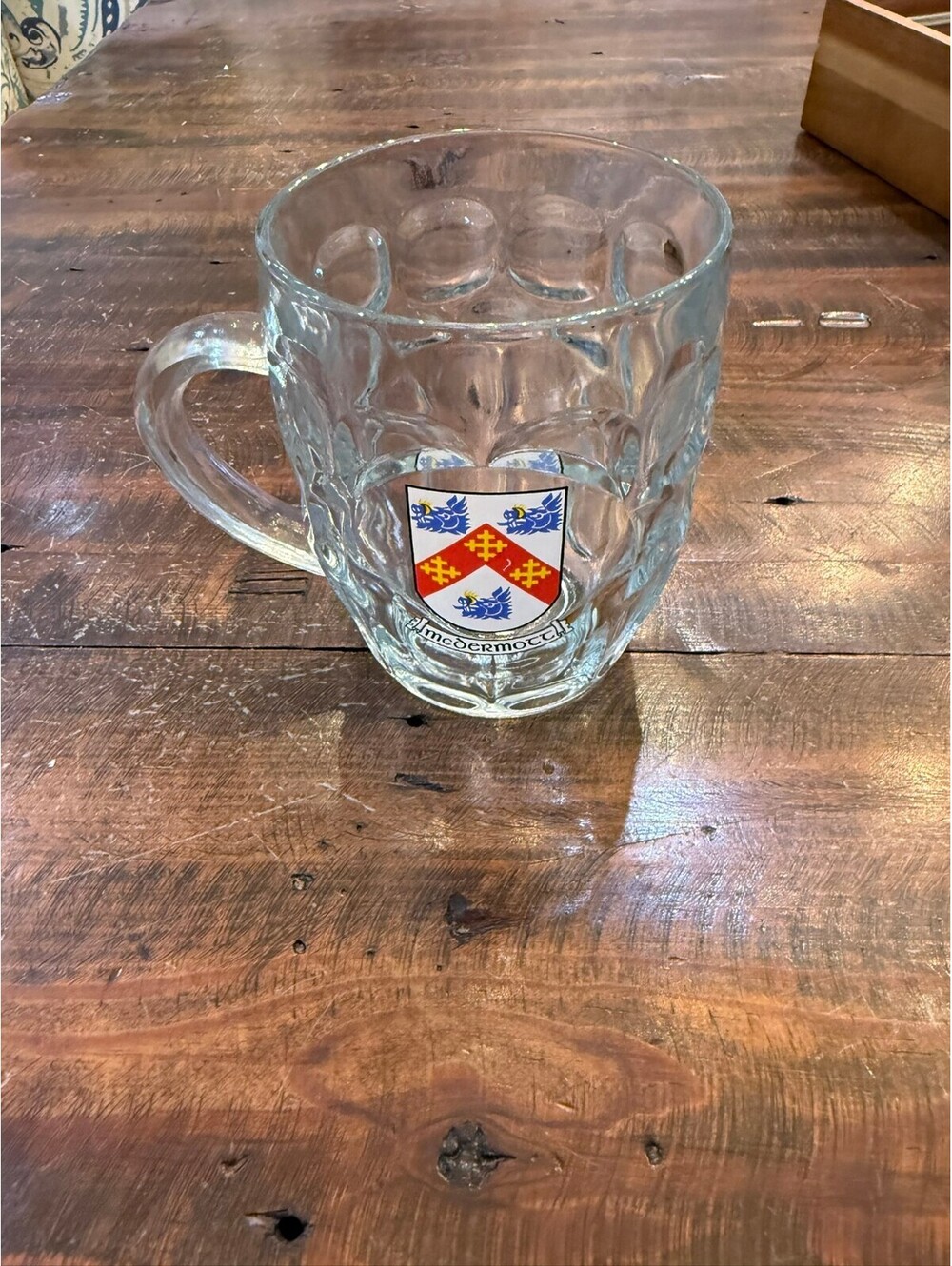 Glass Beer Mug with McDermott Family Coat of Arms, Made in Ireland